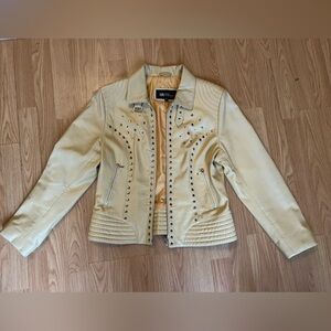 Pale Yellow Studded Leather Lambskin Moto Jacket Size 8.  gorgeous